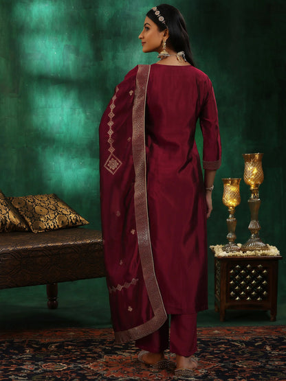 Libas Maroon Woven Design Silk Blend Straight Suit With Dupatta