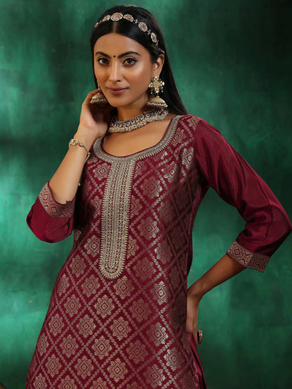 Libas Maroon Woven Design Silk Blend Straight Suit With Dupatta