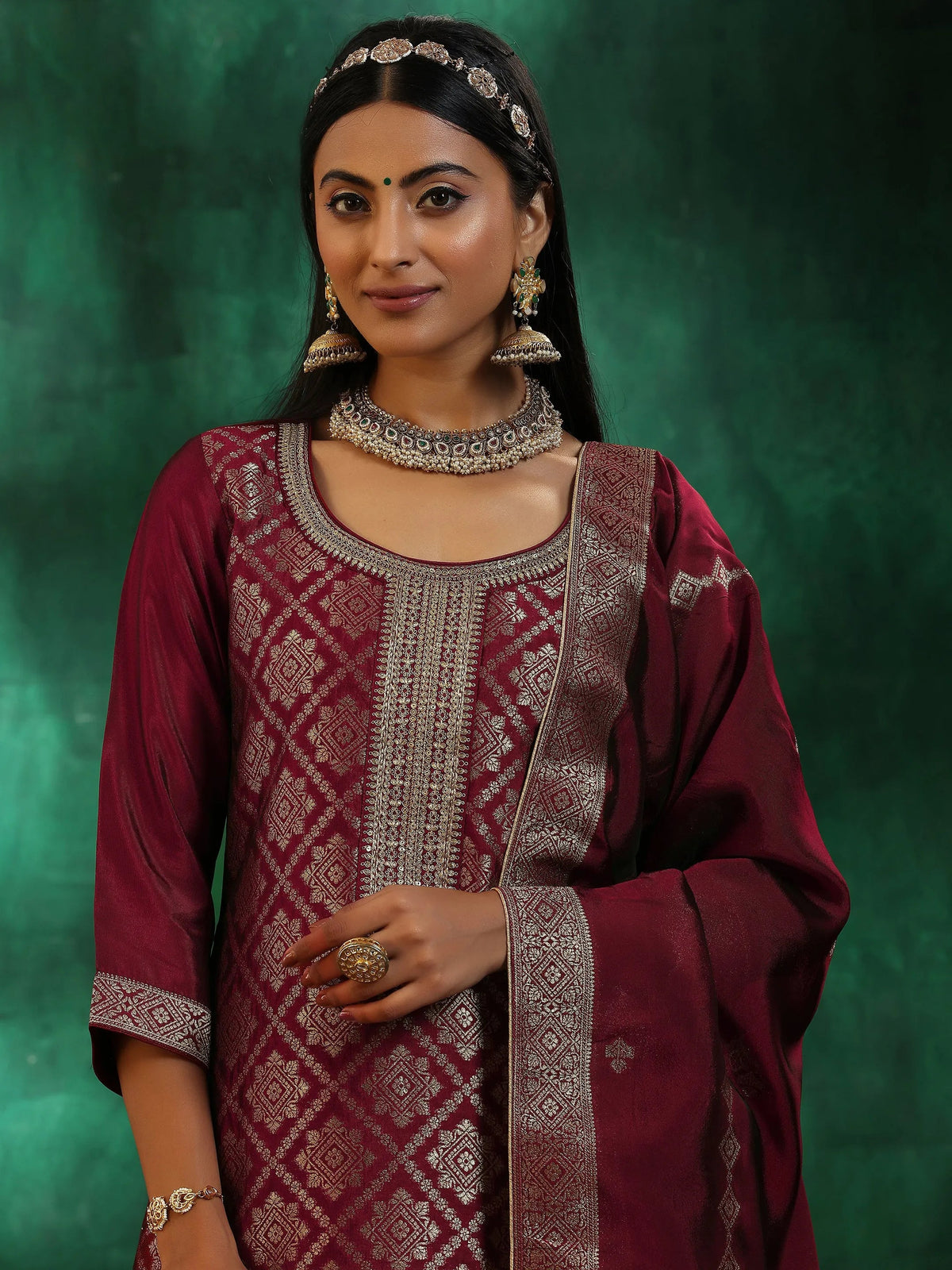Libas Maroon Woven Design Silk Blend Straight Suit With Dupatta