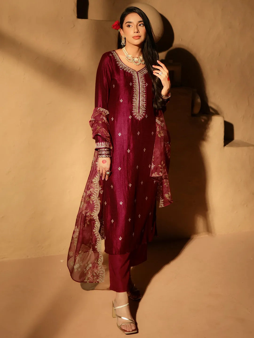 Libas Maroon Embroidered Silk Blend Straight Suit With Dupatta