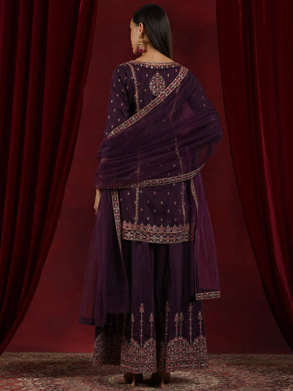 Libas Art Wine Embroidered Silk Blend Straight Suit With Dupatta