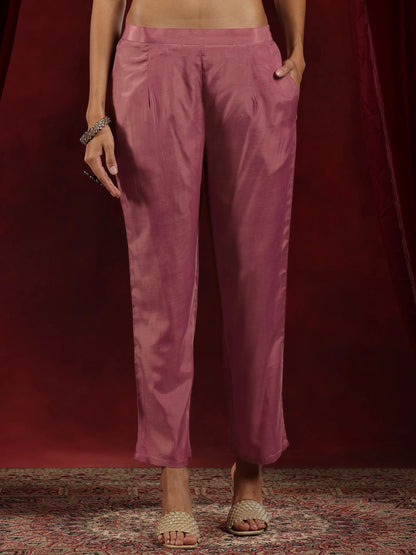 Libas Art Pink Embroidered Georgette A-Line Kurta With Trousers & Dupatta