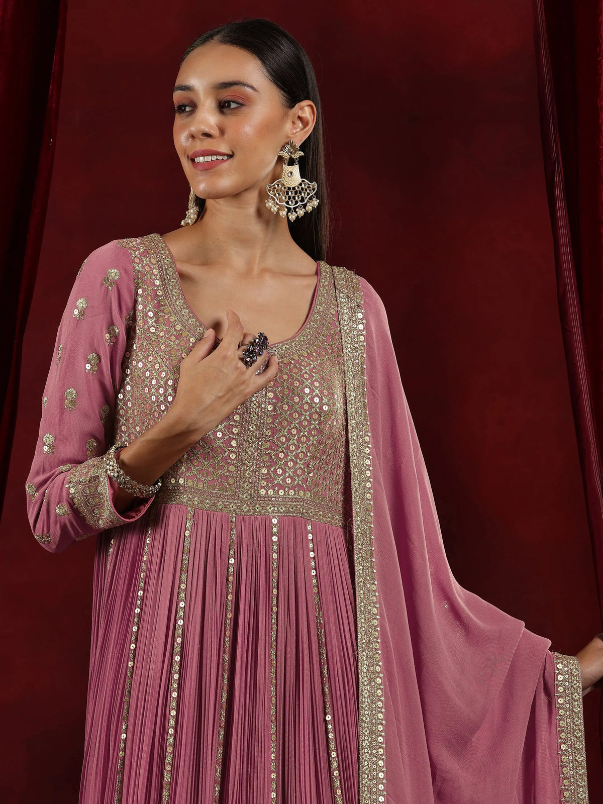 Libas Art Pink Embroidered Georgette A-Line Kurta With Trousers & Dupatta