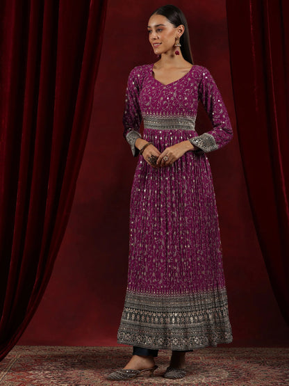 Libas Art Magenta Printed Georgette A-Line Kurta With Trousers & Dupatta
