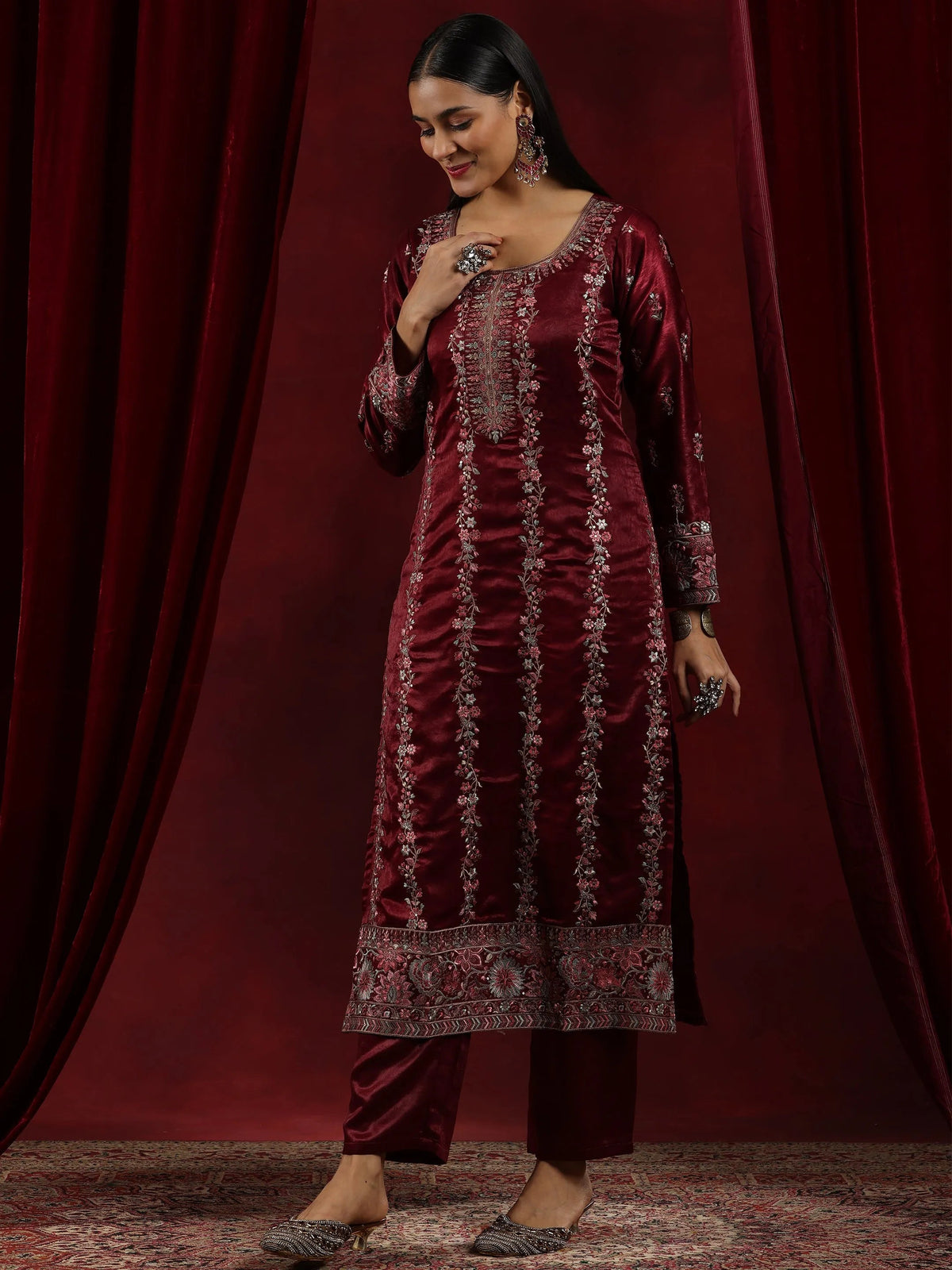 Libas Maroon Embroidered Silk Straight Suit With Dupatta