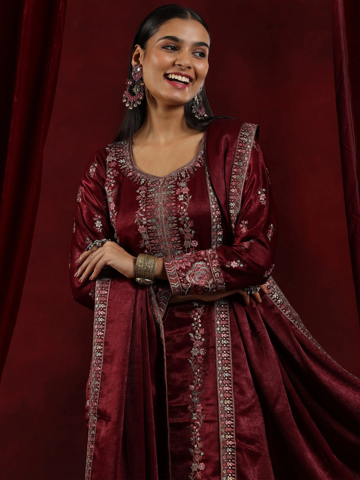 Libas Maroon Embroidered Silk Straight Suit With Dupatta