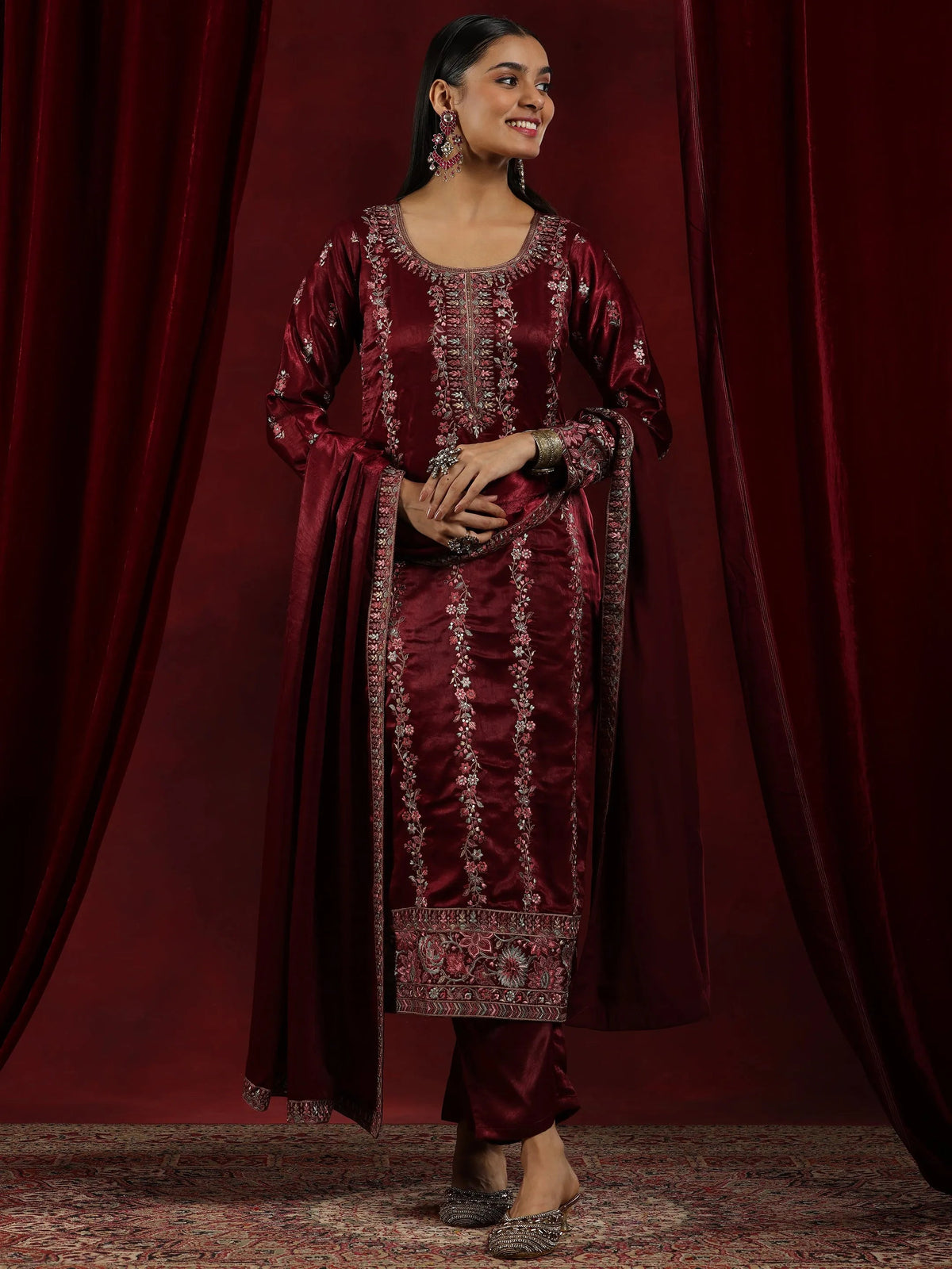 Libas Maroon Embroidered Silk Straight Suit With Dupatta