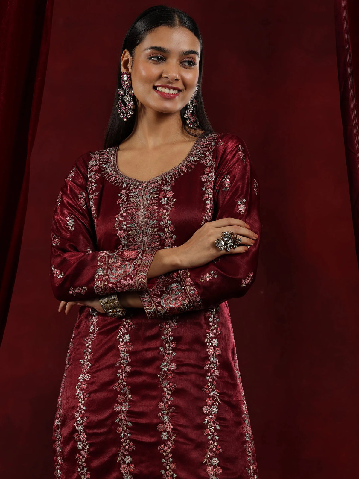 Libas Maroon Embroidered Silk Straight Suit With Dupatta