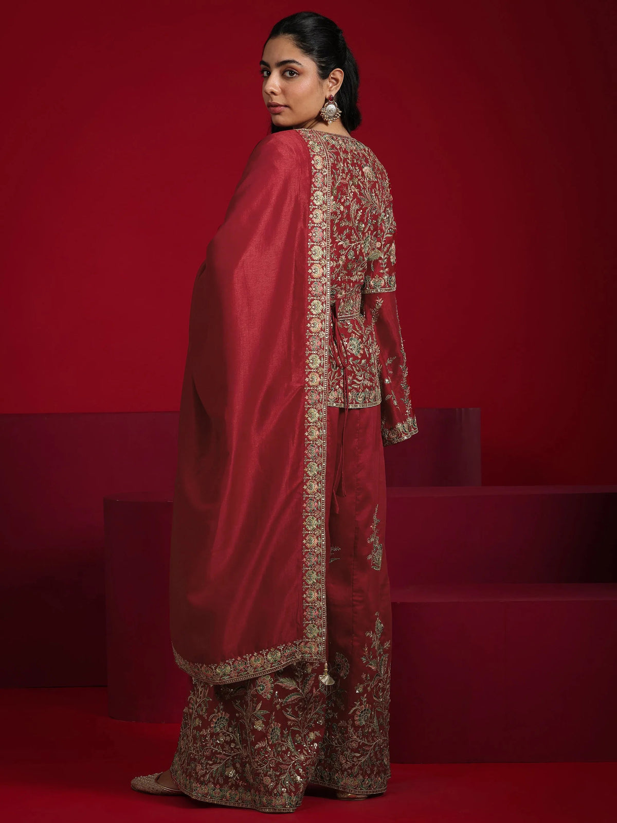 Libas Art Red Embroidered Silk Blend A-Line Suit With Dupatta