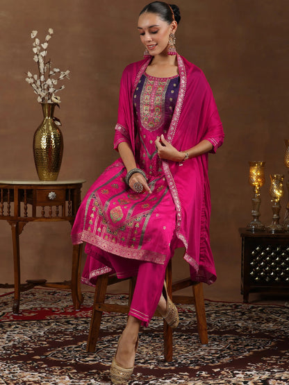 Libas Pink Woven Design Silk Blend Straight Suit With Dupatta