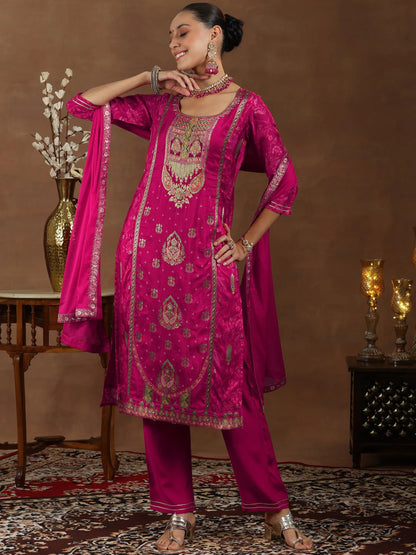 Libas Pink Woven Design Silk Blend Straight Suit With Dupatta