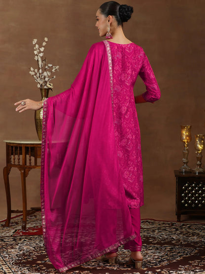 Libas Pink Woven Design Silk Blend Straight Suit With Dupatta