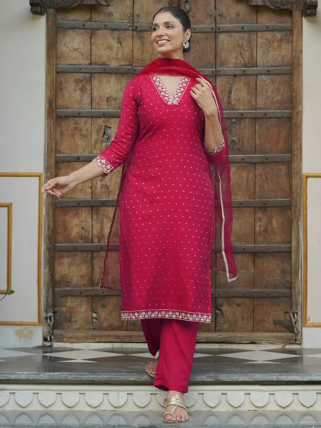 Libas Pink Self Design Silk Blend Straight Suit With Dupatta