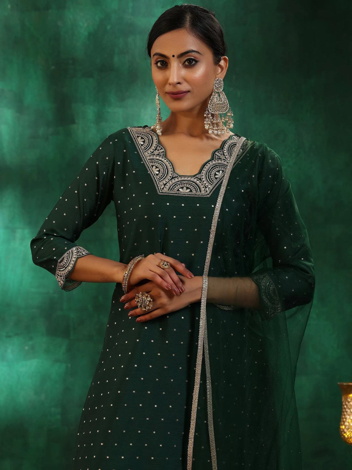 Libas Green Self Design Silk blend Straight Suit With Dupatta