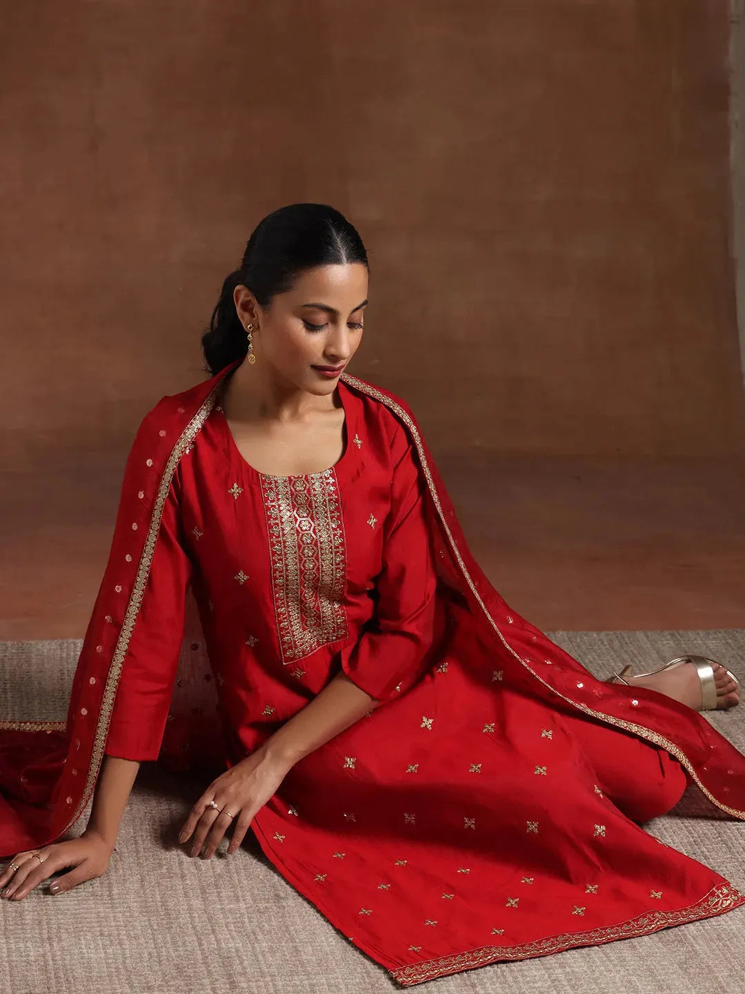 Libas Maroon Self Design Silk Blend Straight Suit With Dupatta
