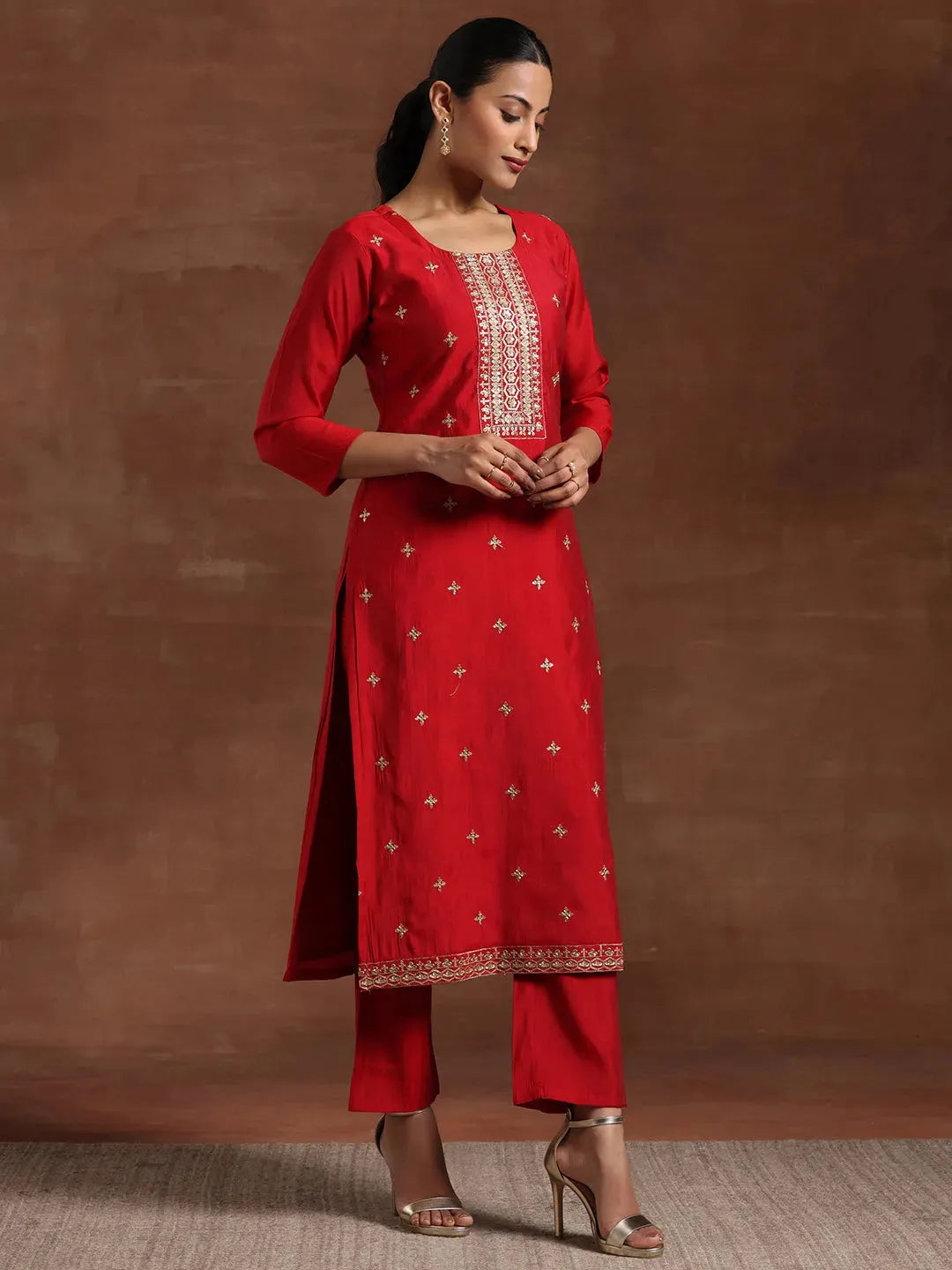 Libas Maroon Self Design Silk Blend Straight Suit With Dupatta