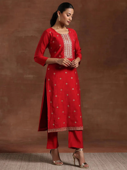 Libas Maroon Self Design Silk Blend Straight Suit With Dupatta