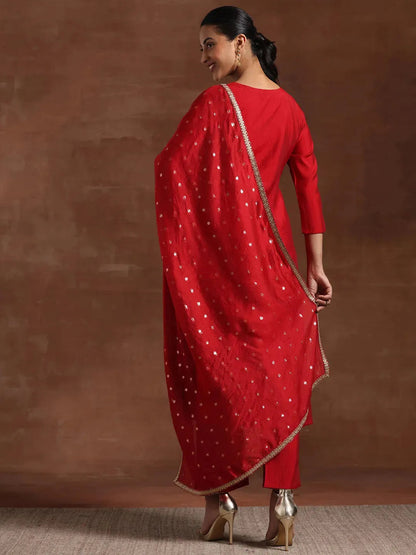 Libas Maroon Self Design Silk Blend Straight Suit With Dupatta