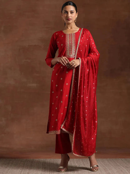 Libas Maroon Self Design Silk Blend Straight Suit With Dupatta