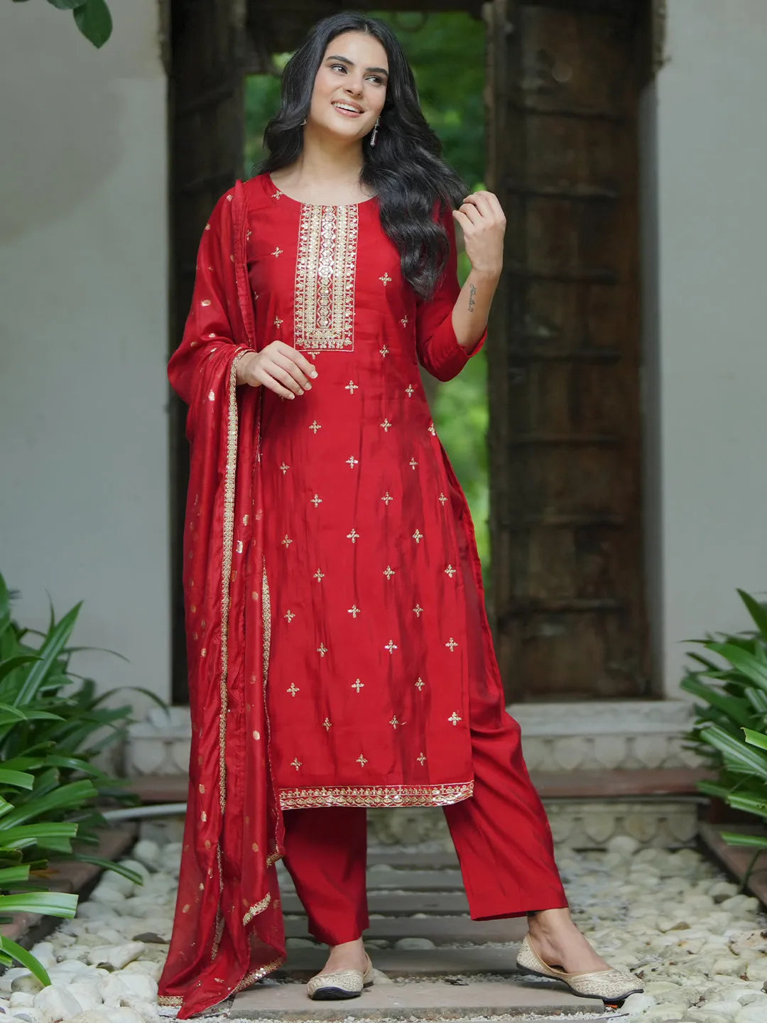 Libas Maroon Self Design Silk Blend Straight Suit With Dupatta