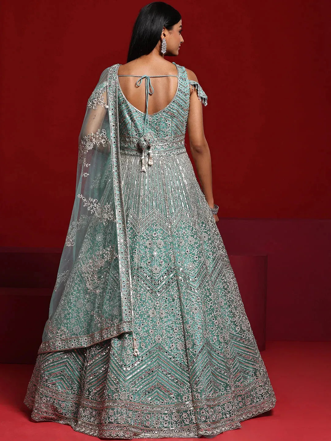 Libas Art Sea Green Embellished Nylon Gown With Dupatta