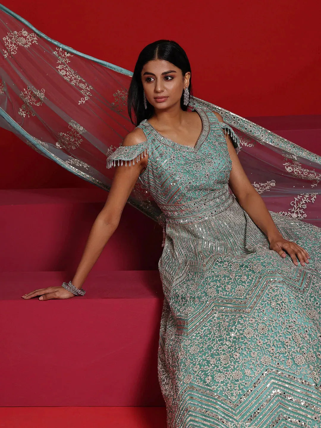 Libas Art Sea Green Embellished Nylon Gown With Dupatta