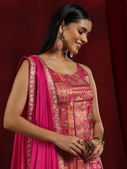 Libas Pink Woven Design Silk Blend Straight Suit With Dupatta