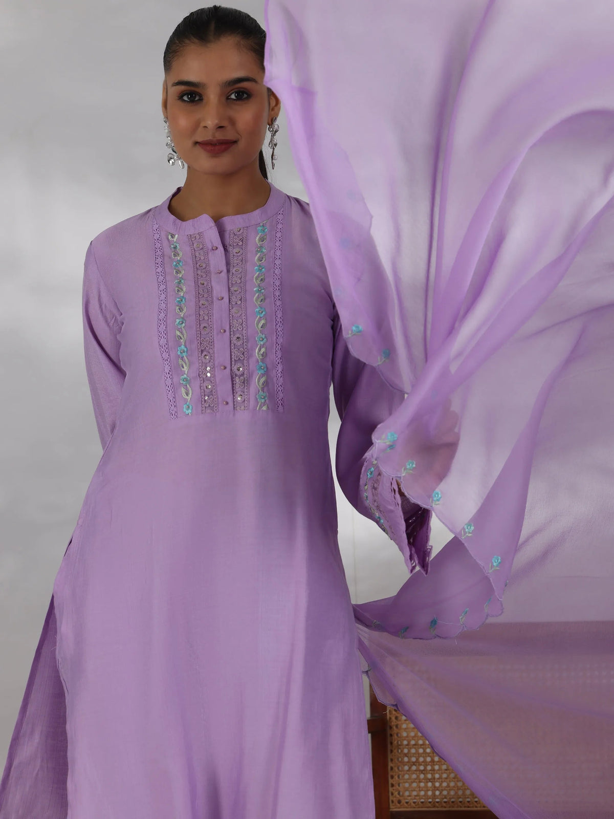 Libas Lavender Yoke Design Silk Blend Straight Suit With Dupatta