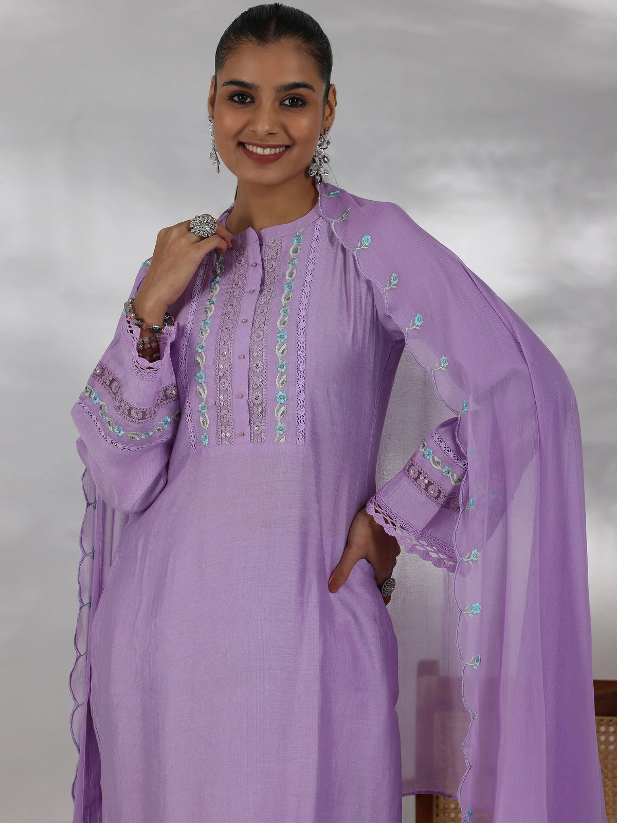 Libas Lavender Yoke Design Silk Blend Straight Suit With Dupatta