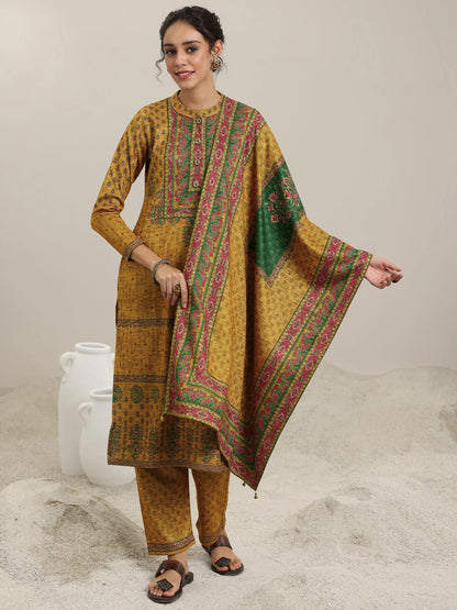 Libas Mustard Printed Wool Blend Straight Suit With Dupatta