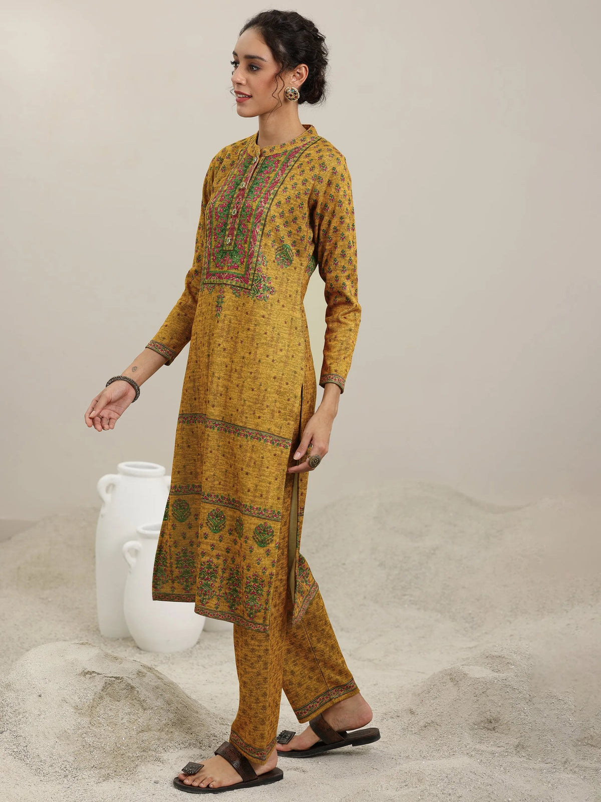 Libas Mustard Printed Wool Blend Straight Suit With Dupatta