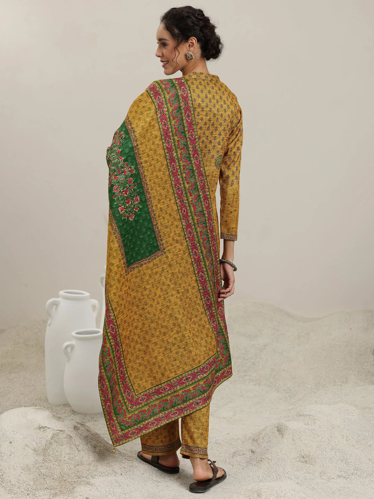 Libas Mustard Printed Wool Blend Straight Suit With Dupatta