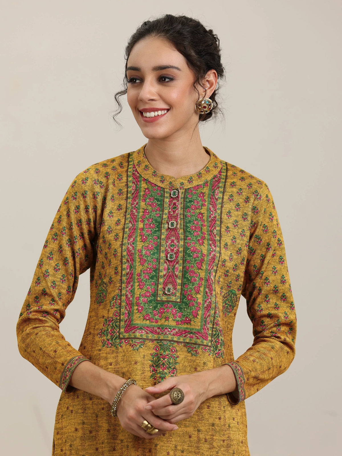 Libas Mustard Printed Wool Blend Straight Suit With Dupatta