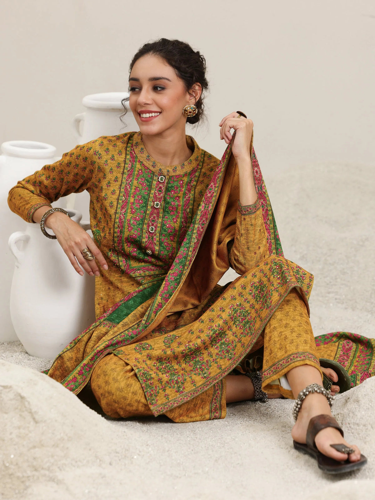 Libas Mustard Printed Wool Blend Straight Suit With Dupatta