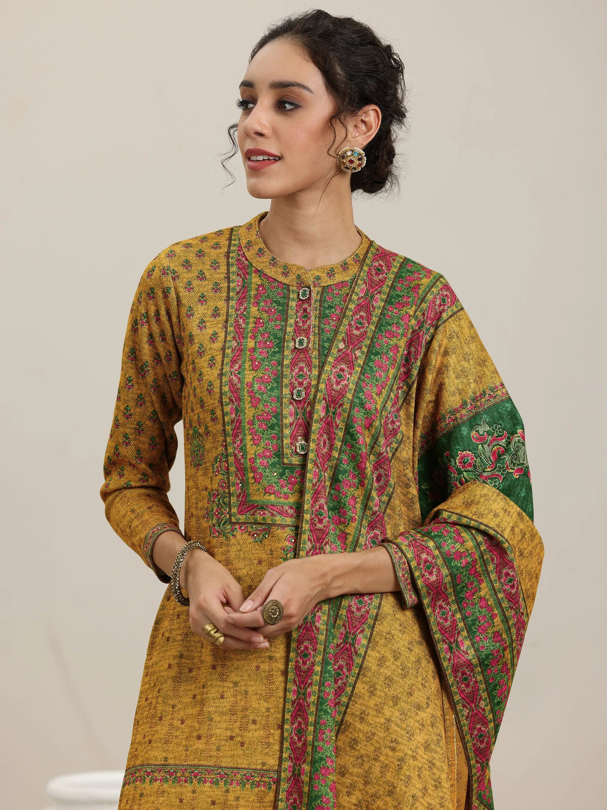 Libas Mustard Printed Wool Blend Straight Suit With Dupatta