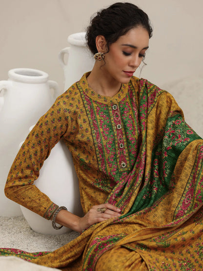 Libas Mustard Printed Wool Blend Straight Suit With Dupatta