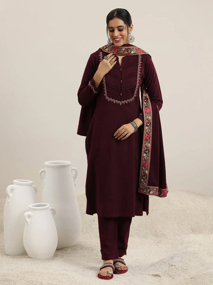 Libas Maroon Yoke Design Wool Blend Straight Suit With Dupatta
