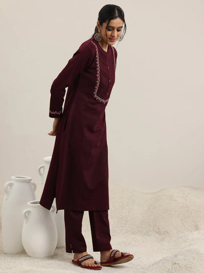 Libas Maroon Yoke Design Wool Blend Straight Suit With Dupatta