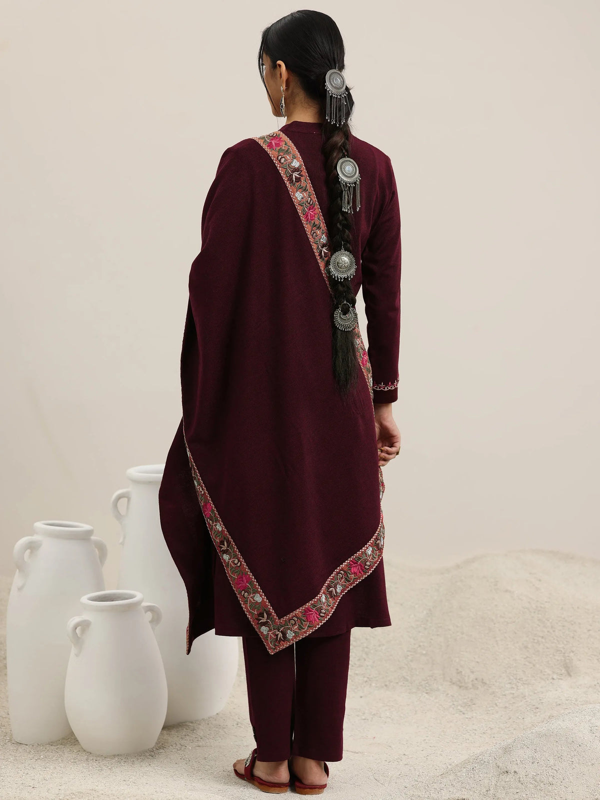 Libas Maroon Yoke Design Wool Blend Straight Suit With Dupatta