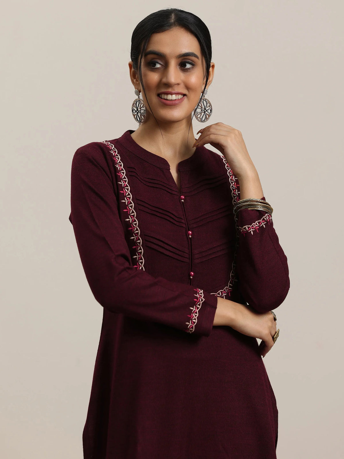 Libas Maroon Yoke Design Wool Blend Straight Suit With Dupatta