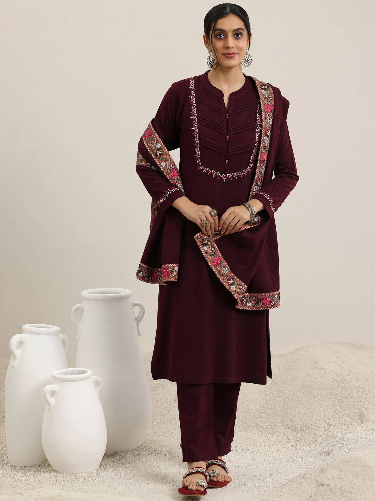 Libas Maroon Yoke Design Wool Blend Straight Suit With Dupatta