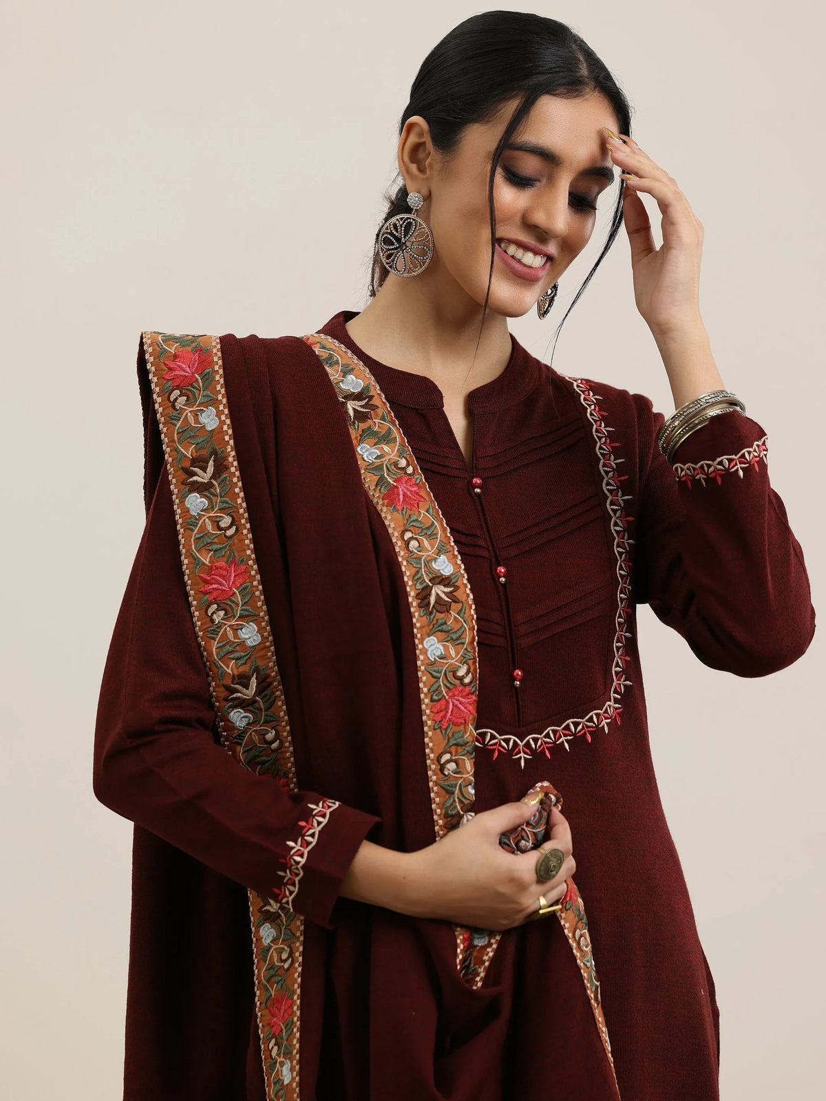 Libas Maroon Yoke Design Wool Blend Straight Suit With Dupatta