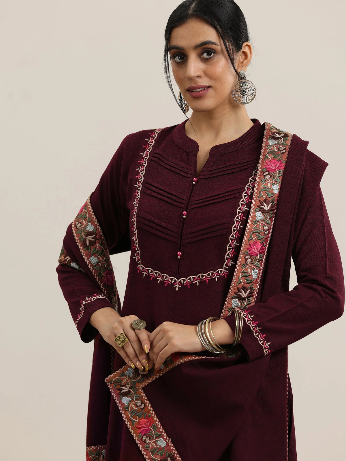 Libas Maroon Yoke Design Wool Blend Straight Suit With Dupatta