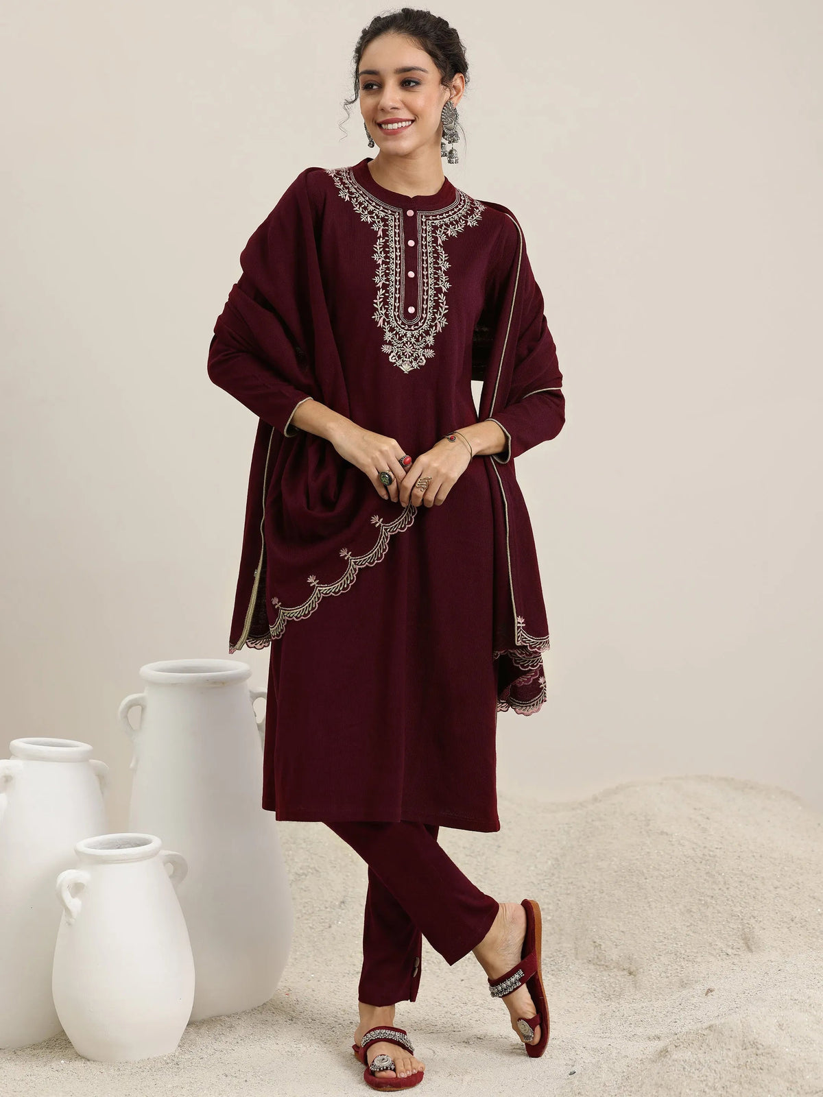 Libas Maroon Yoke Design Wool Blend Straight Suit With Dupatta