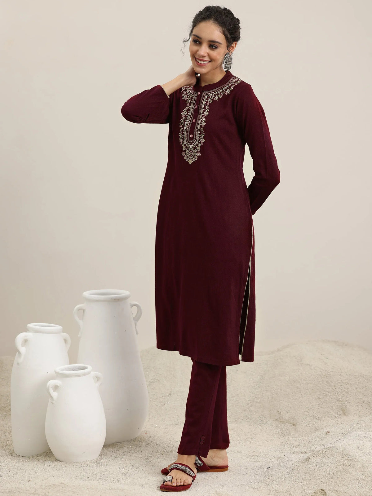 Libas Maroon Yoke Design Wool Blend Straight Suit With Dupatta