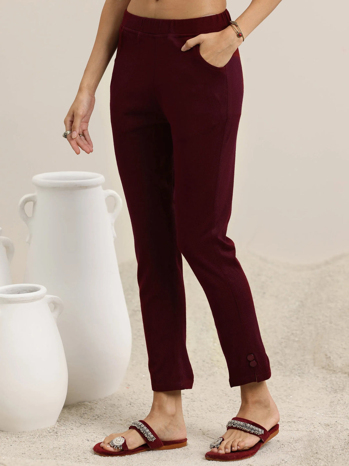Libas Maroon Yoke Design Wool Blend Straight Suit With Dupatta