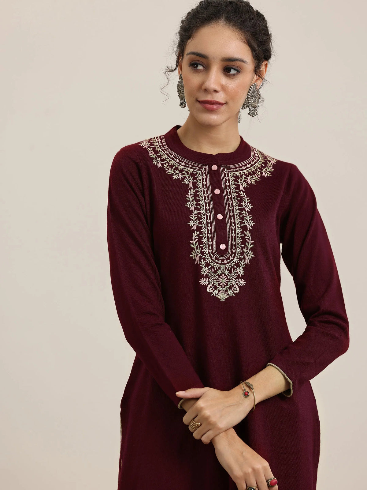 Libas Maroon Yoke Design Wool Blend Straight Suit With Dupatta