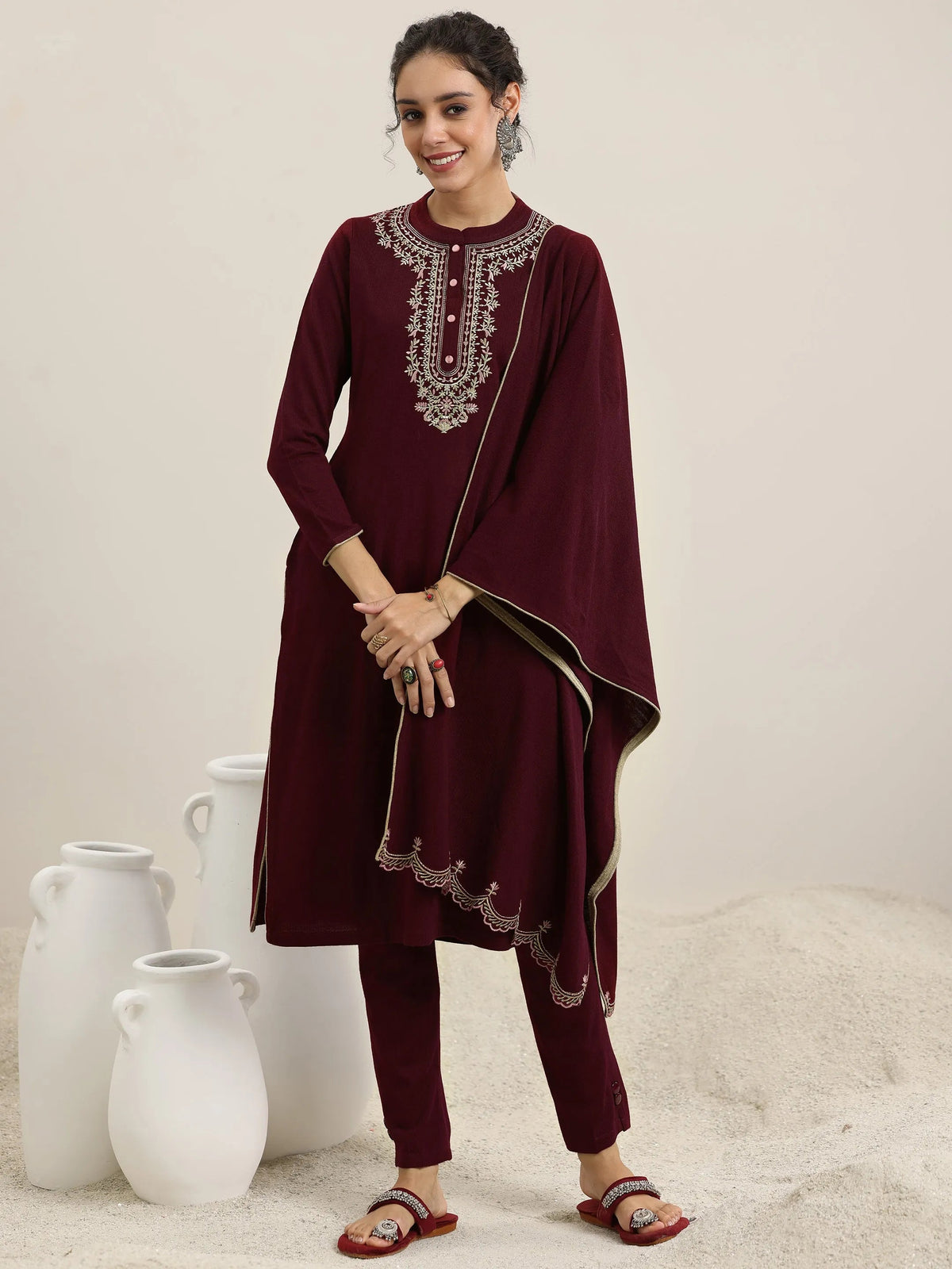 Libas Maroon Yoke Design Wool Blend Straight Suit With Dupatta
