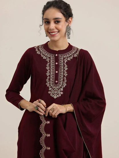 Libas Maroon Yoke Design Wool Blend Straight Suit With Dupatta
