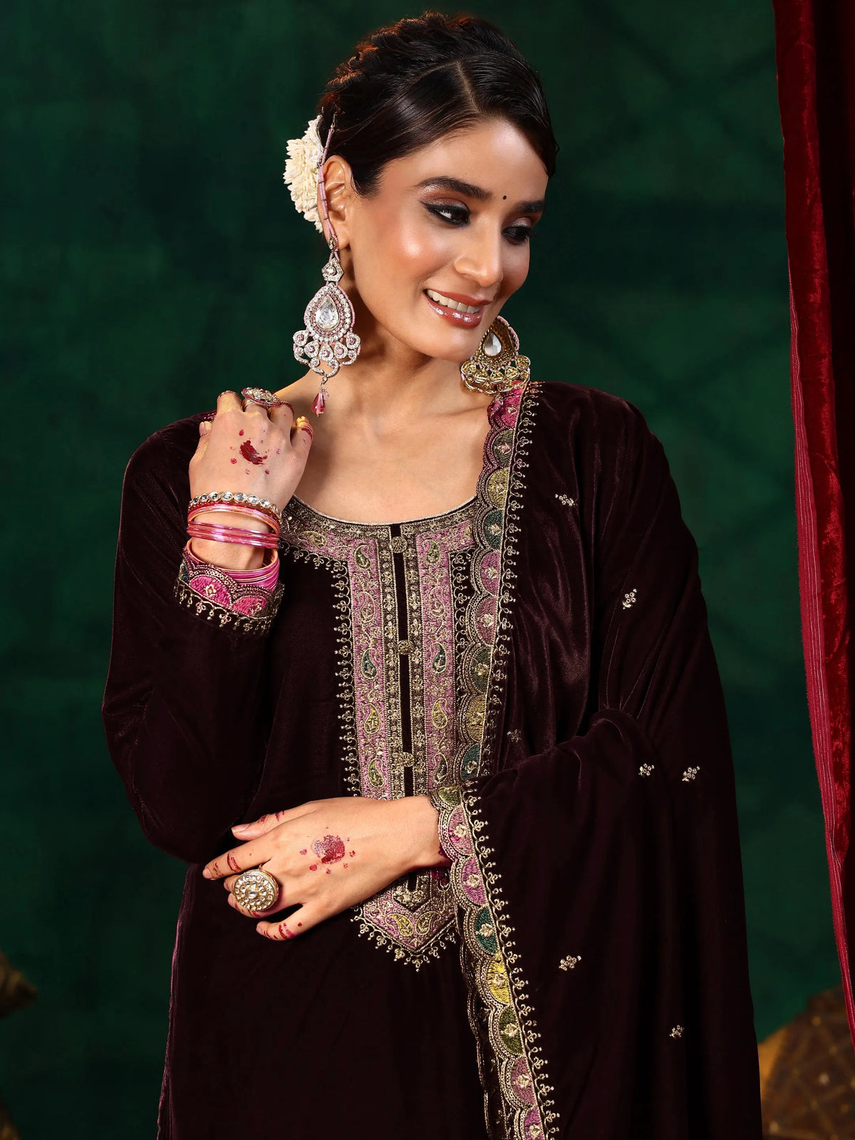 Libas Burgundy Embroidered Velvet Straight Suit With Dupatta